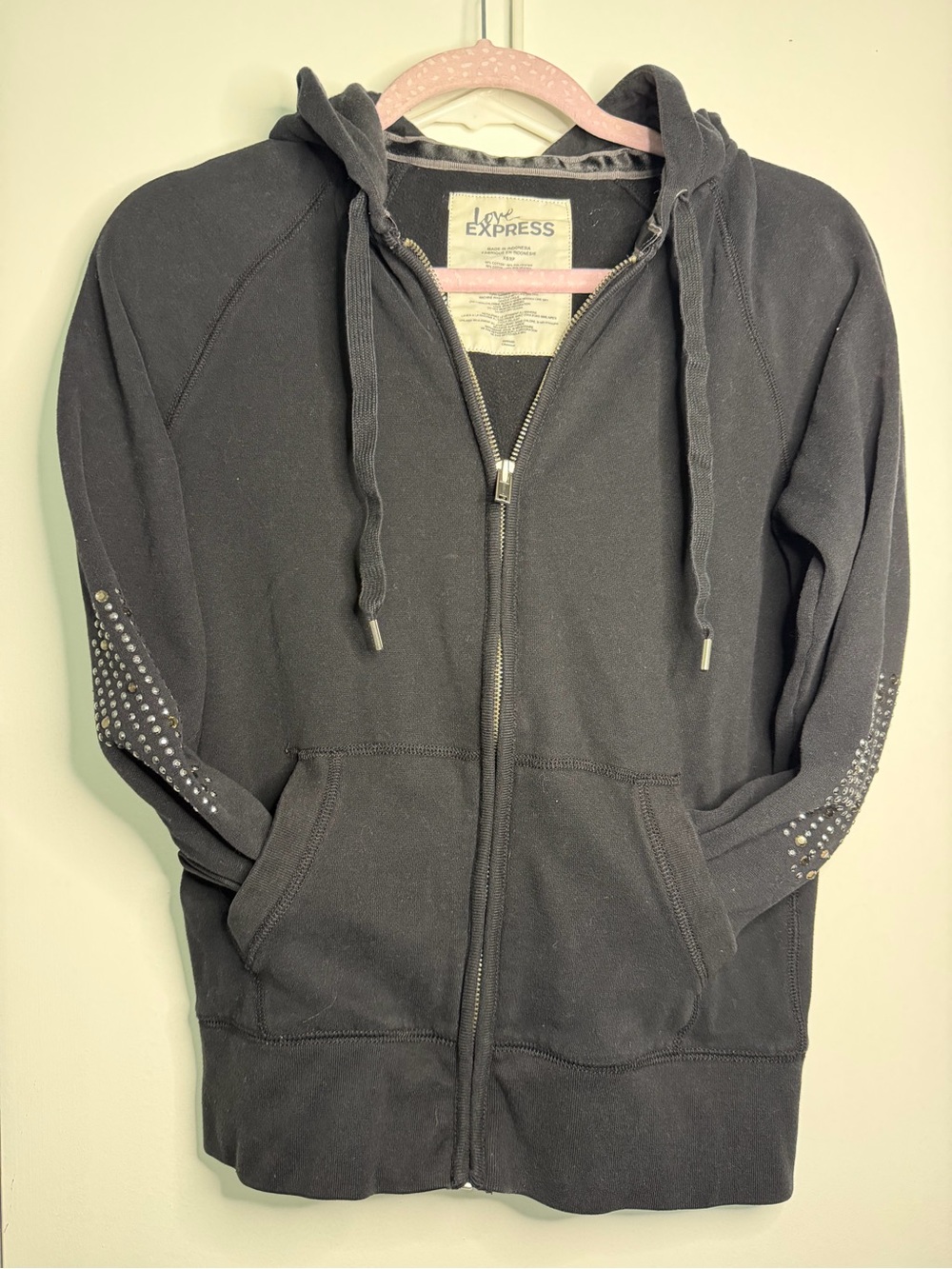 EXPRESS Black Zip Hoodie with Studded Sleeve Accents